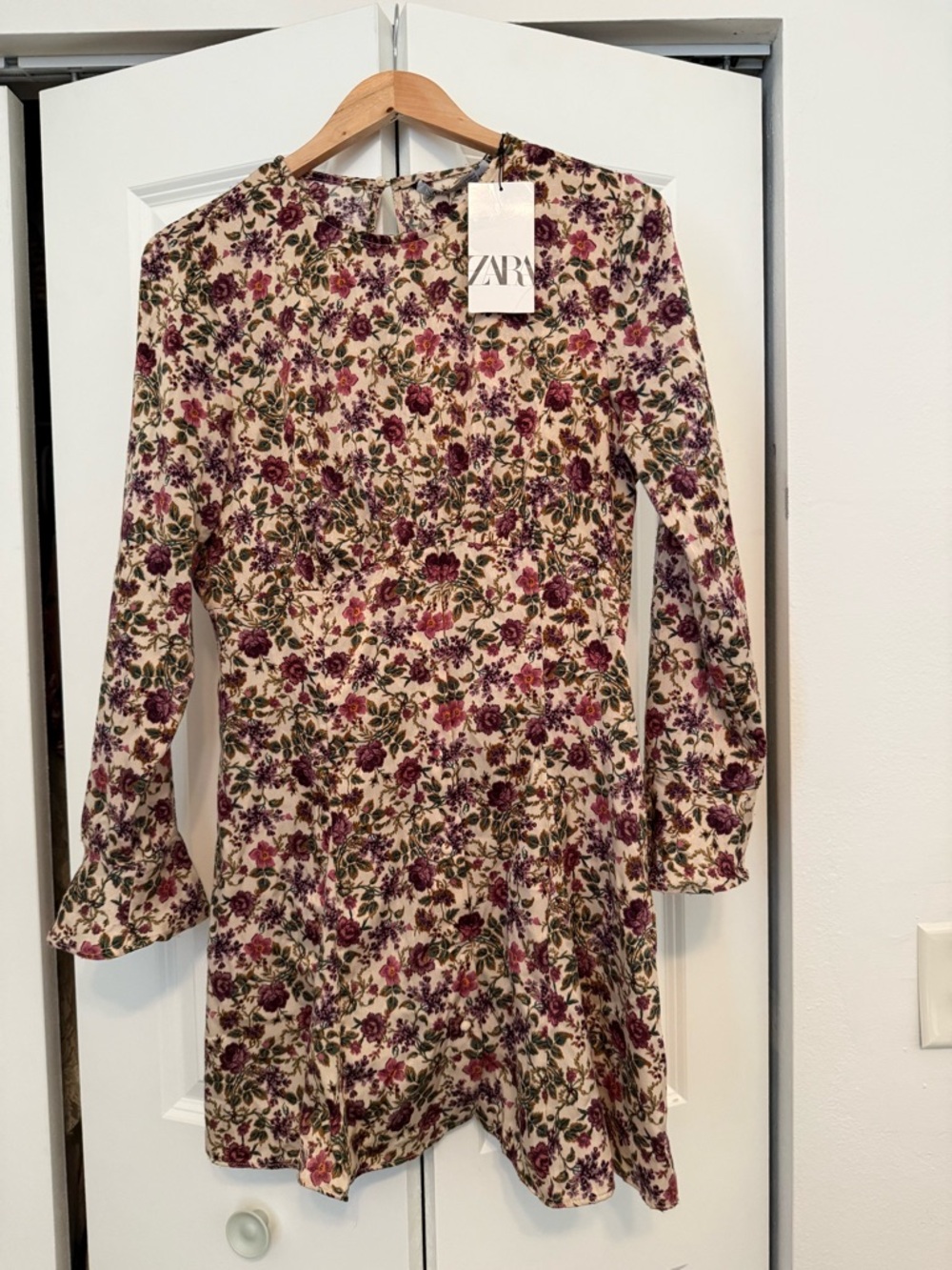 Zara Cream Floral Long-Sleeve Dress with Purple & Green Bouquet Print